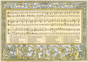 &39;Come Lasses und Lads, saia de seus pais, vá para o pólo de maio, ilustração de músicas de&39; Pan-Pipes &39;, Um livro de canções antigas, recém-arranjado e com acompanhamentos de Theo. Marzials, publicado em